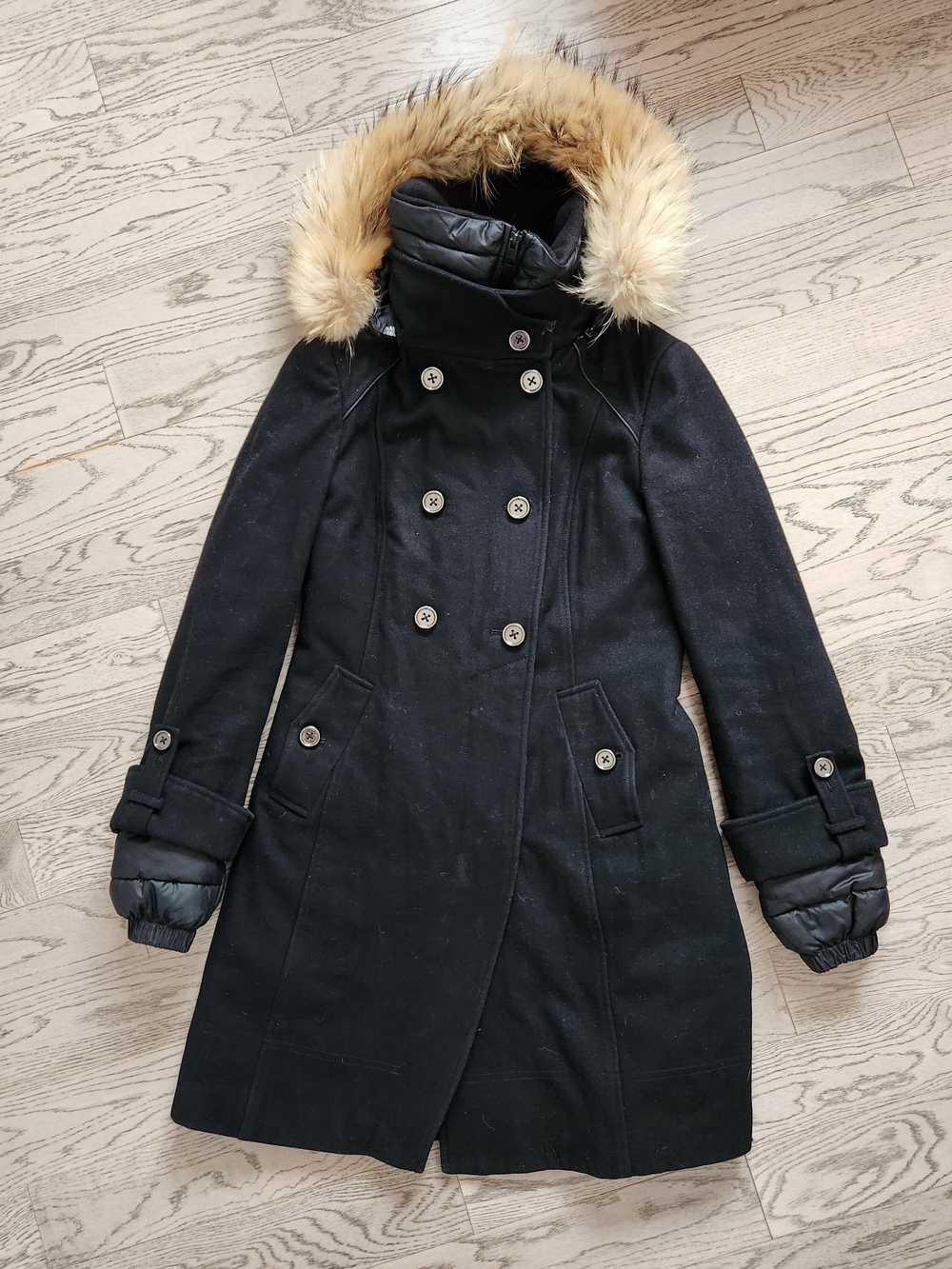 Soia & Kyo Black Wool Blend Fur Trim Hooded Coat M